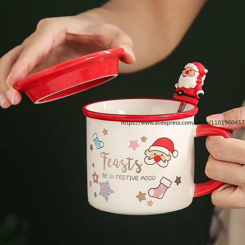 Christmas Ceramic Cup Gift with Handle, Mug, Creative Gift Box with Lid and Spoon, Couple's Water Cup, Christmas Gift Cup