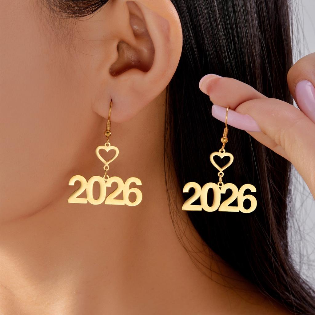 Creative Gold Color Stainless Steel Number 2026 Drop Earrings Star Heart 2026 New Year Earring For Women Men Party Jewelry Gift