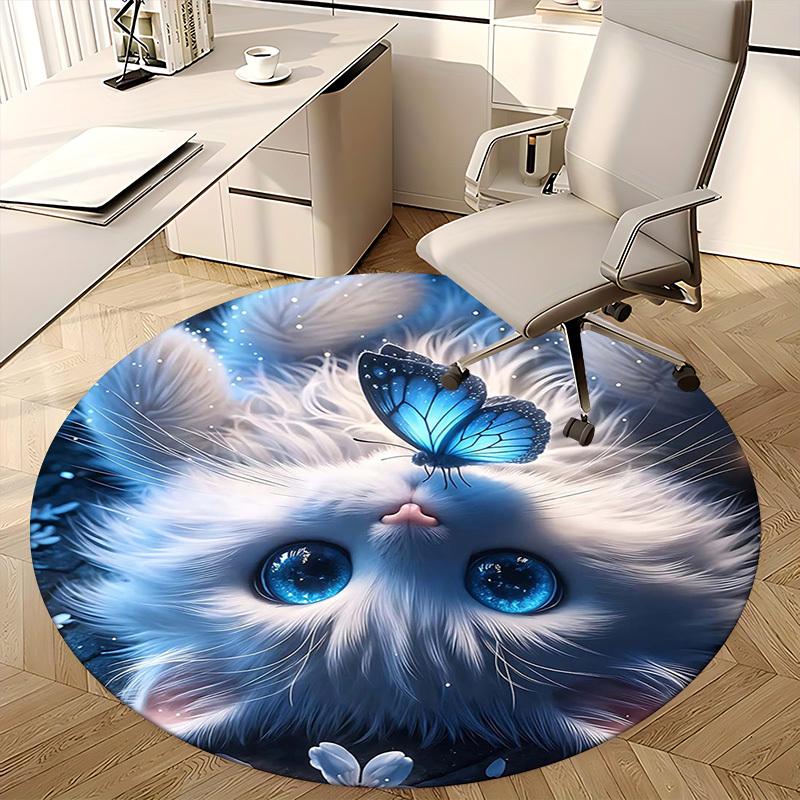 1 Stück Anime-Design Runder Teppich Blaue Schmetterlinge auf Weißer Katze mit Großen Augen, Bürostuhlmatte, Rutschfester Teppich für Heimdekoration, Alle Jahreszeiten