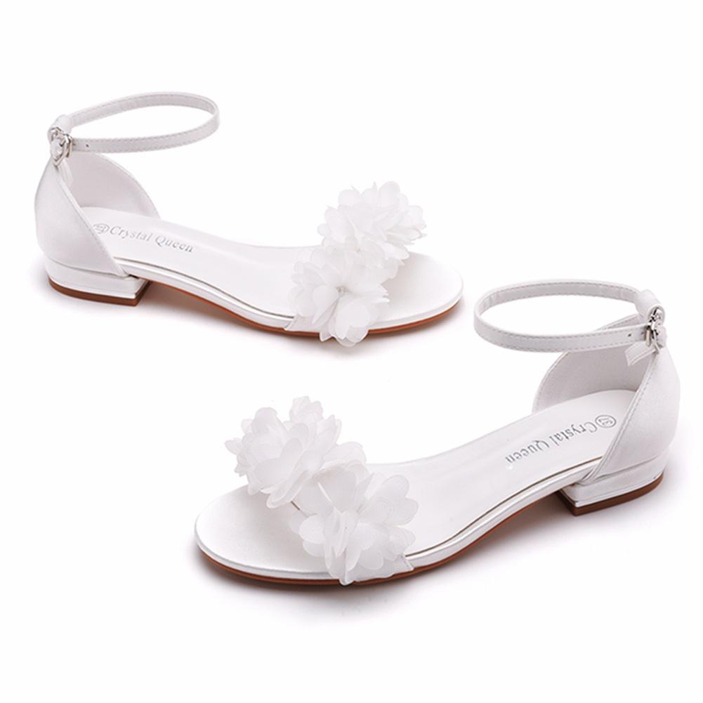 2 Cm Square Heel Shallow Mouth One-tie Buckle Sandals Ivory White Silk Satin Cloth Bridal White Flower Sandals for Women