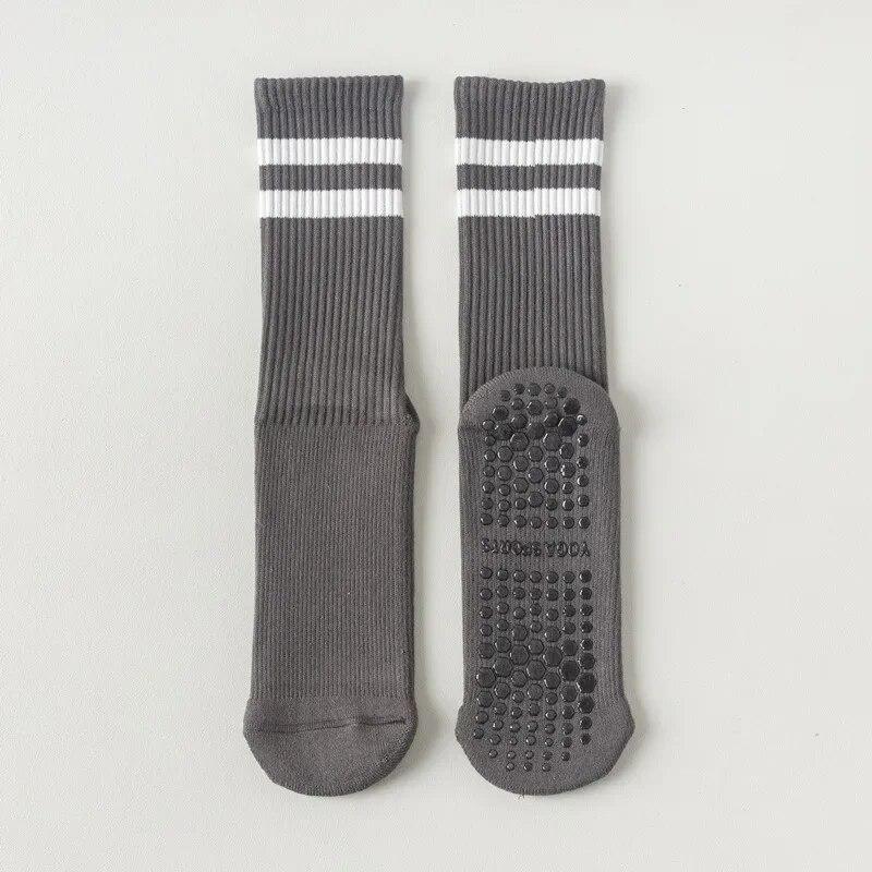 Macaron Striped Simple Cotton Mid-calf Women Yoga Socks Bottom Silicone Non-slip Sports Socks Indoor Dance Fitness Pilates Socks