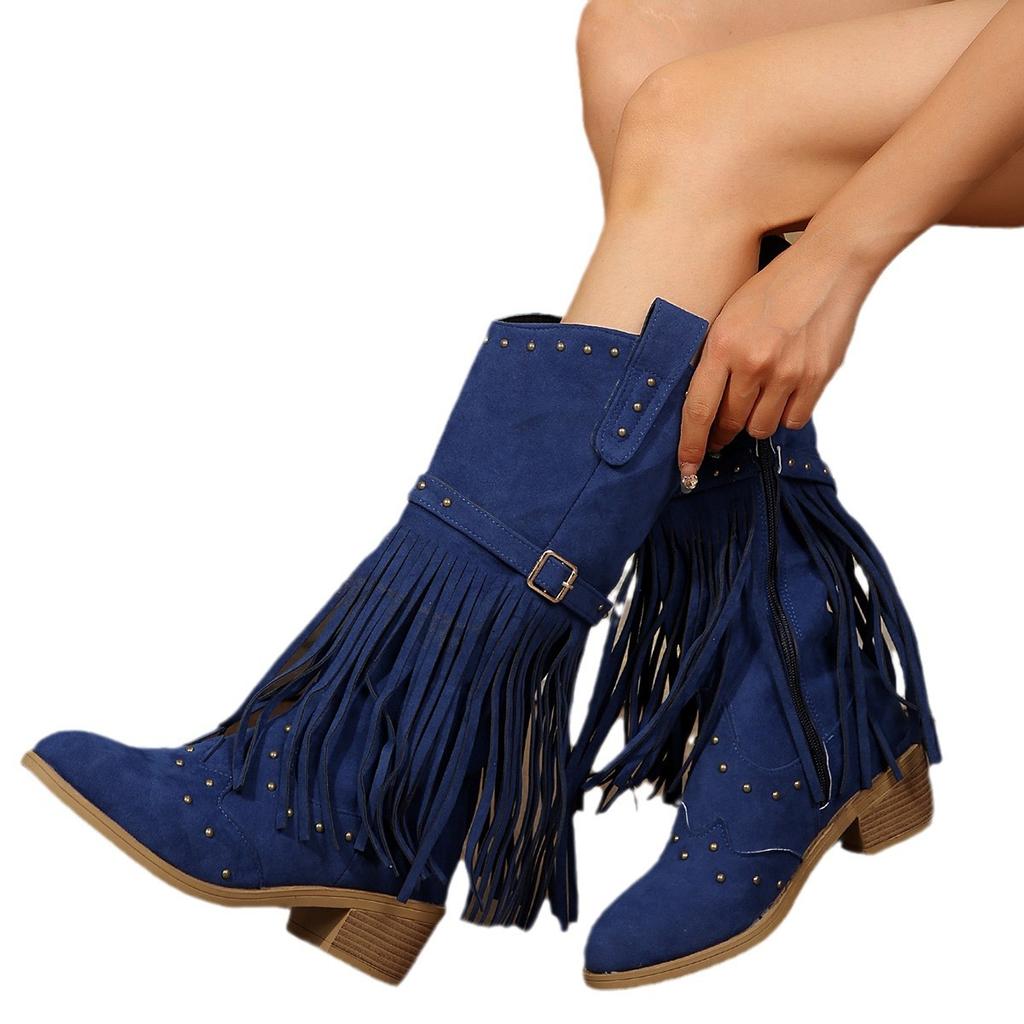 Tassel boots European and American retro style autumn and winter new rivet belt buckle foreign trade medium tube Martin boots large size women's shoes