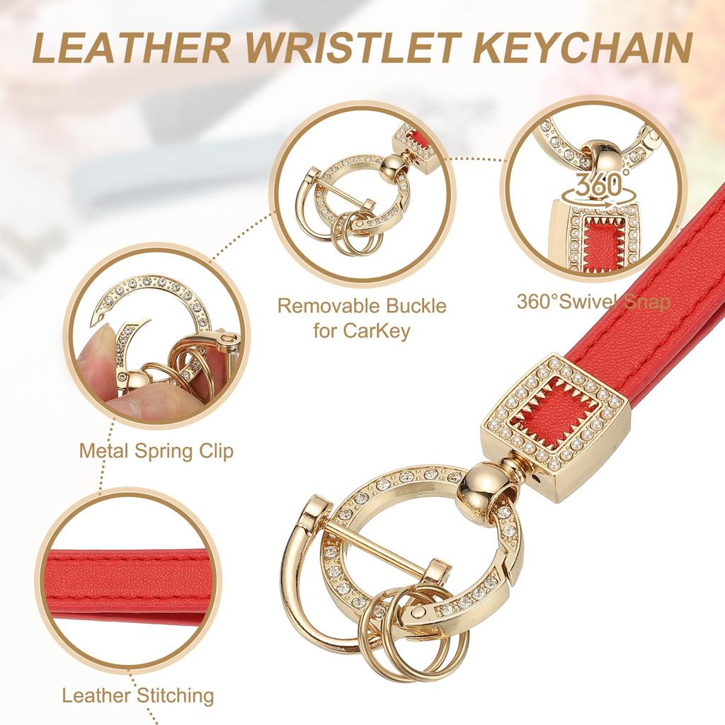 uxcell Leather Wristlet Keychain with Metal Key Ring and Car Unisex Wristband Red Anti-Loss D-Ring, Keychain, Keychain,