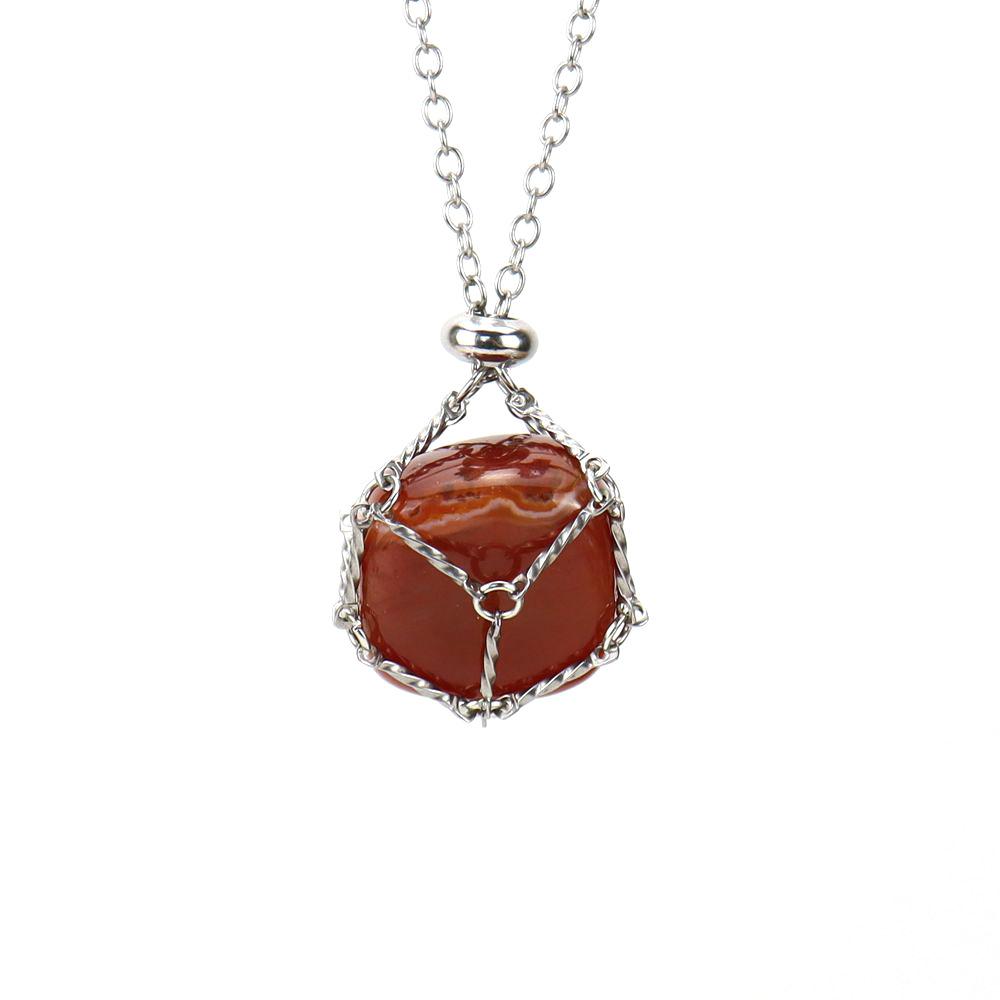 Stainless Steel Metal Bamboo Braided Mesh Prison Cage Pendant Natural Crystal Rough Stone Necklace Adjustable N700