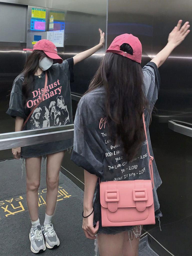 Retro Street Sle Women's Hiphop American Waed Cotton ort Sve T-irt Summer Casual round Ne Print Top plus Size