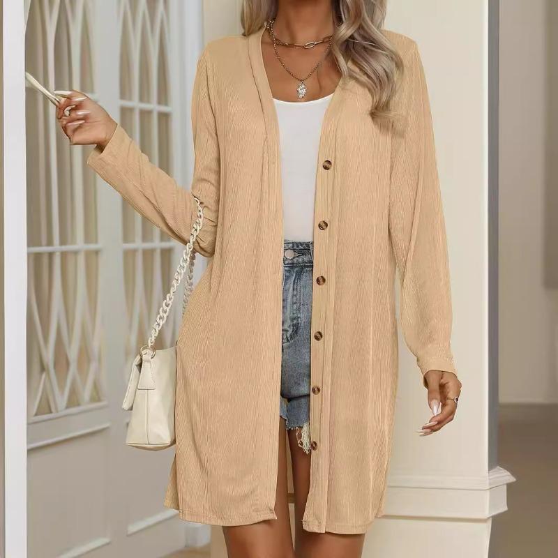 Damen Einfarbige Knopfleiste Langarm Locker Lässig Langer Cardigan