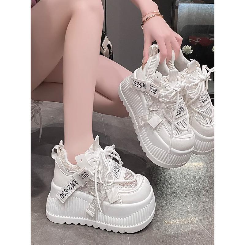 Fashion 8CM  Air Mesh Synthetic Leather Bling Casual Vulcanize Hollow Summer Chunky Sneakers Platform Wedge Flats Women Shoes