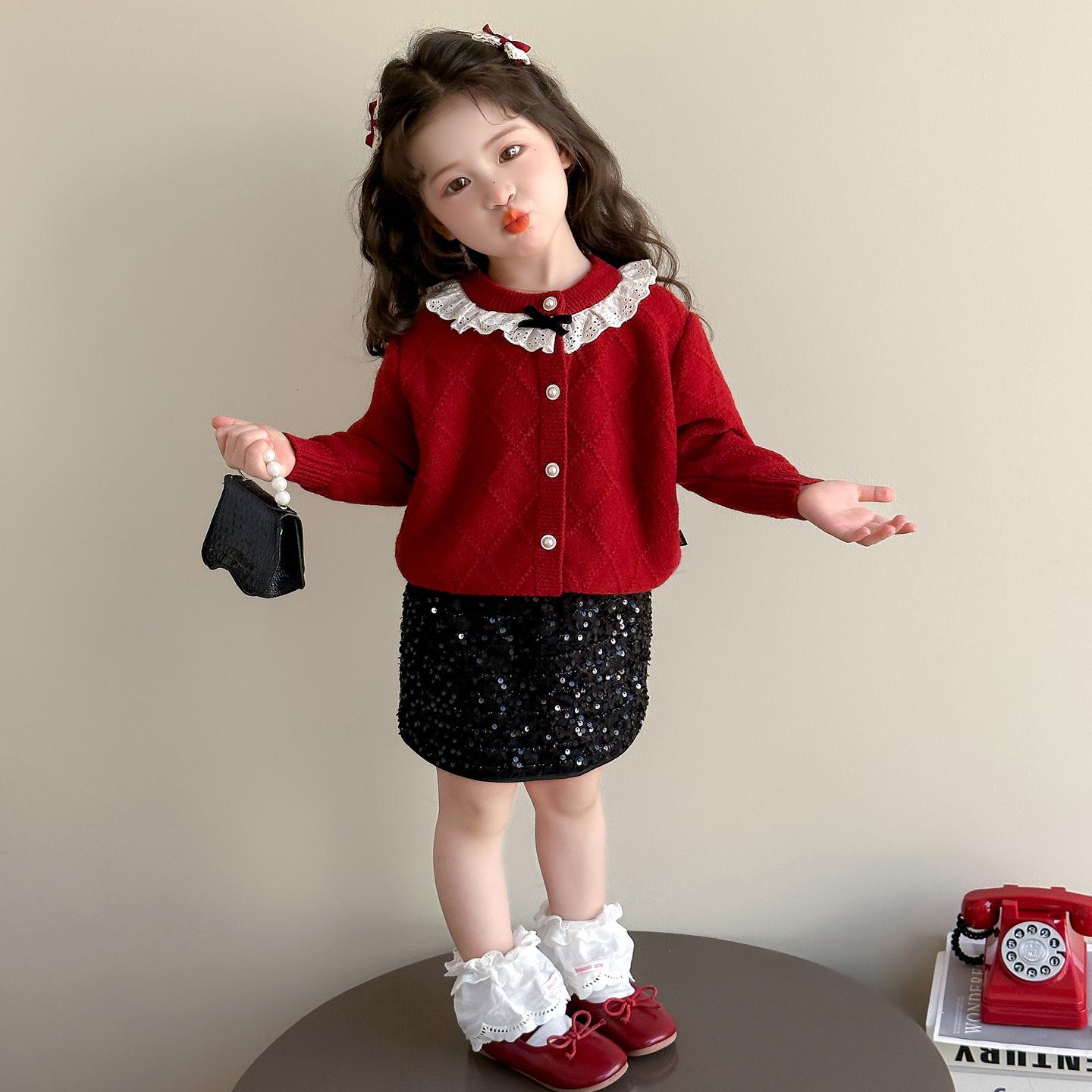 

Комплект для девочек из юбки с пайетками и кардигана 2025: Стильный весенне-осенний наряд для маленьких девочек 120 cm