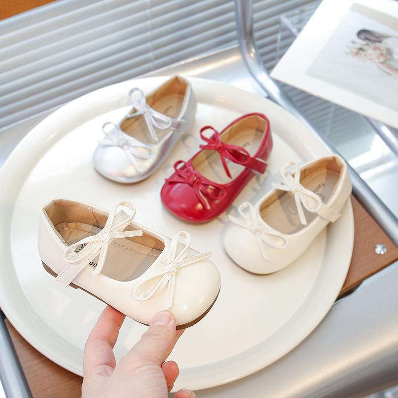 Girls Dance Performance Shoes Soild Color Round Toes Kids Leather Shoes Double Bows 2025 New Girls Flats Soft Sole Sweet Ins