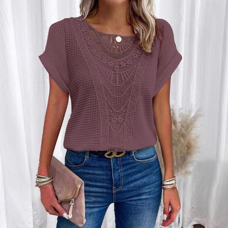 Women's Crochet Hollow T-shirt Summer New Short-sleeved Waffle Knitted Casual Top