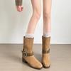 Block Heel Single Boots Women's Fashion Square Toe Suede Metal Buckle Car Stitch Anti-slip Wear-resistant Mid-tube Boots
