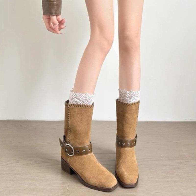 Block Heel Single Boots Women's Fashion Square Toe Suede Metal Buckle Car Stitch Anti-slip Wear-resistant Mid-tube Boots