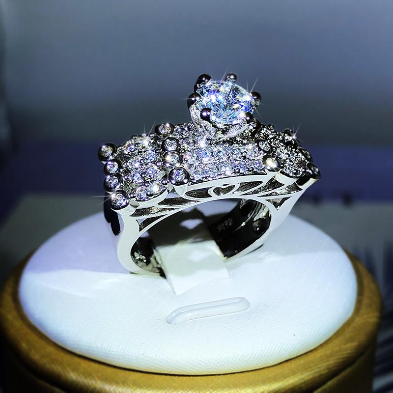 Copper Luxury Fashion Six-Claw White Zircon Double Ring For Women Party Engagement Birthday Jewelry Gift