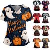 Women's Halloween Printed V-Neck Double Pocket Short Sleeves Hem Slit Uniform Caregiver Top