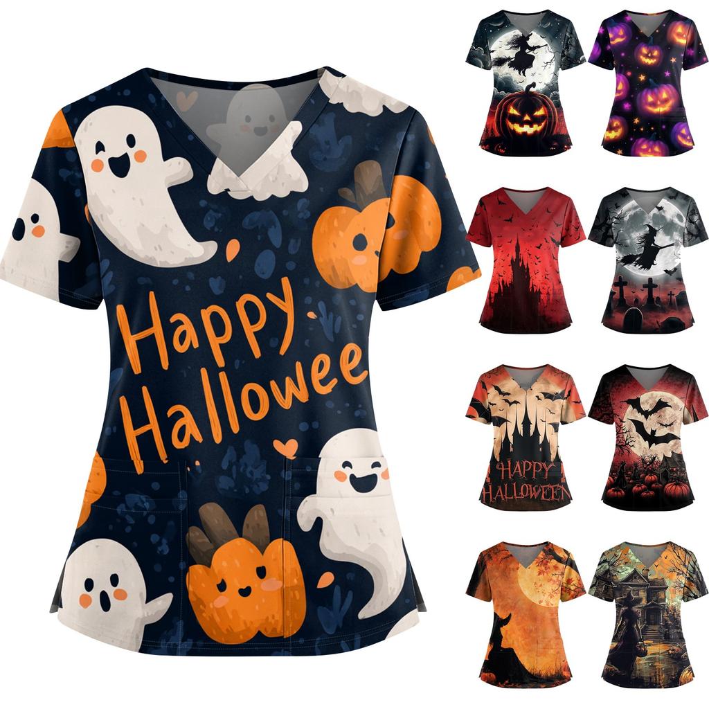 Women's Halloween Printed V-Neck Double Pocket Short Sleeves Hem Slit Uniform Caregiver Top