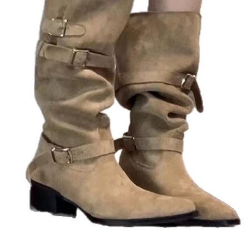 Autumn new fashionable retro pleated boots women's knee stacking boots western cowboy boots