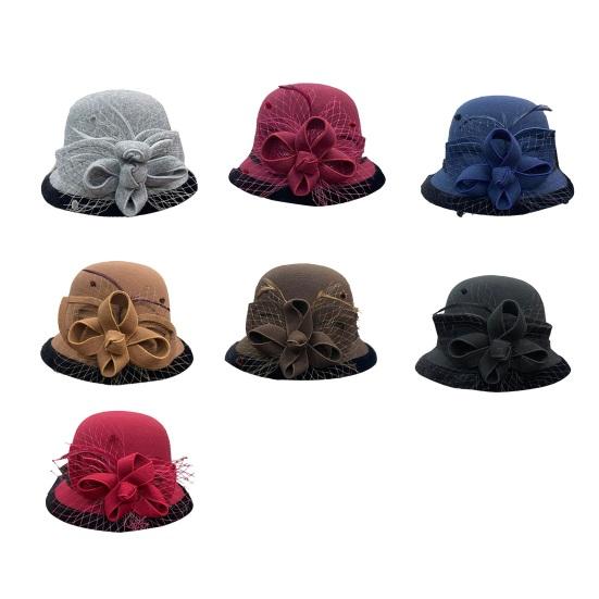 Women Winter Woolen Hat Solid Color Mesh Bowknot Decor Basin Hat Autumn Winter Outdoor Activities Travel Hat