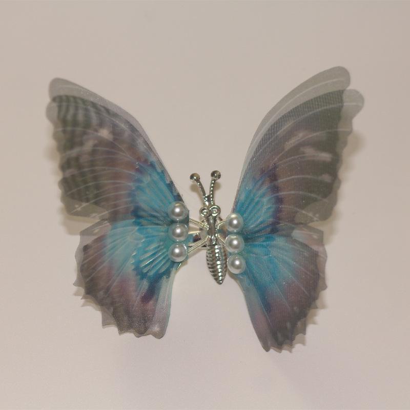 "Gradient Color Butterfly Hairpin with 3D Pearl - Children's Duckbill Clip Fabric Simulation, Ancient Style Hair Accessory"