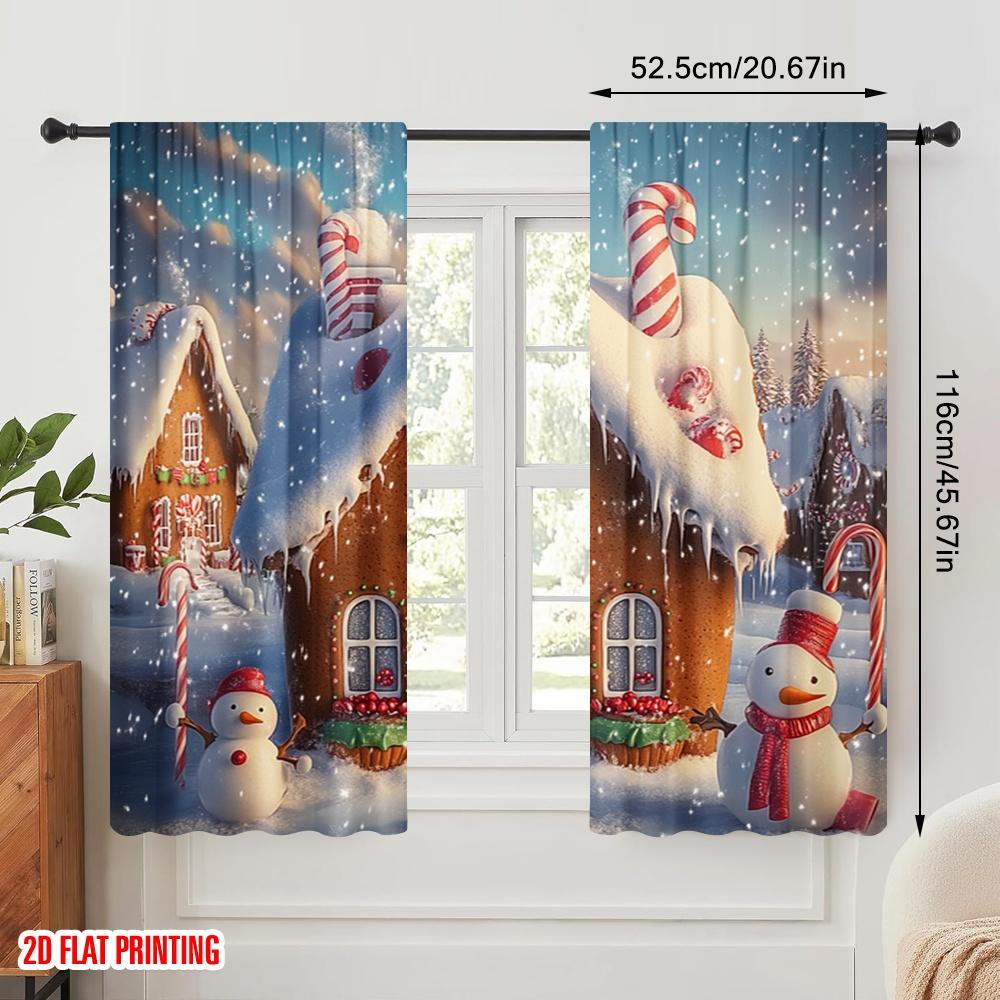 2 Stück, 2D-Flachdruck Zeitgenössische Vorhänge Lebkuchenhaus Schneemann Süßigkeiten (3) Polyester, einfache Installation (ohne Stange) Festlich