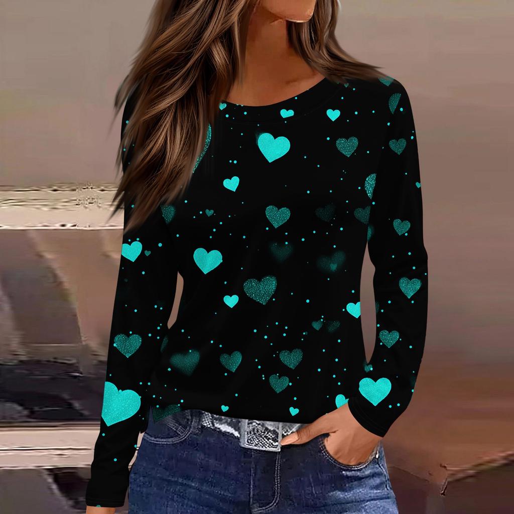 Damen Modisches Langarm-Rundhals-Oberteil mit Schlitzsaum und Valentinstag-Herzprint