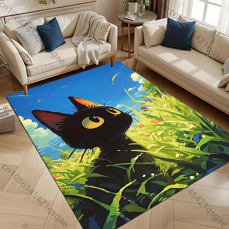 Multiple sizes Yan on the Black Cat Grassland Print Carpet for Living Room Bedroom Sofa Home Decor Non-slip Mat Luxury Gift