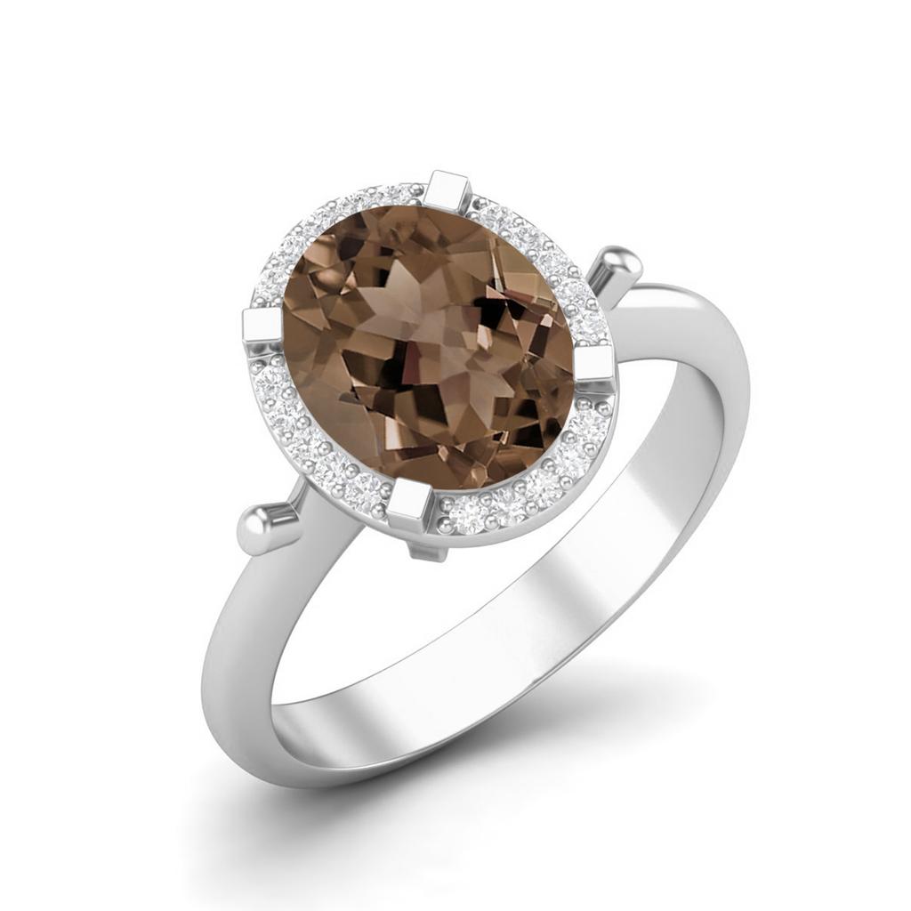 10X8mm Oval Shape Smoky Quartz Solitaire Accents 925 Sterling Silver Halo Women Engagement Ring