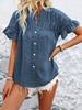 1116 European and American women's clothing casual short-sleeved pleated shirt button solid color cotton and linen stand-up collar shirt women