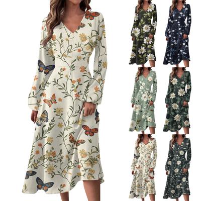 Women's  Casual Fashion V-Neck Long Sleeve Floral Print Long Dress