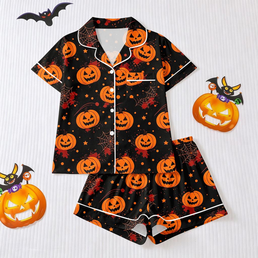 Women's Halloween Pajama Set Short Sleeve Button Down Shirt and Shorts 2-Piece Sleepwear