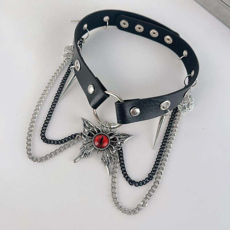 Dark Gothic Punk Metal Spider Pendant Leather Choker Necklace for Women Hip Hop Red Zircon Butterfly Clavicle Chain Jewelry