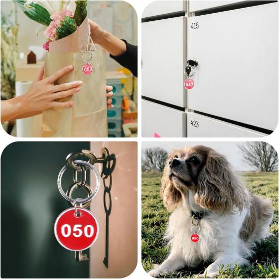 1-100 Numbered Key Tags, Round Metal Tags, Key Chain Labels, Key Tags for Home, Office and Garage, Dorm Keys, House Lockers (Red)