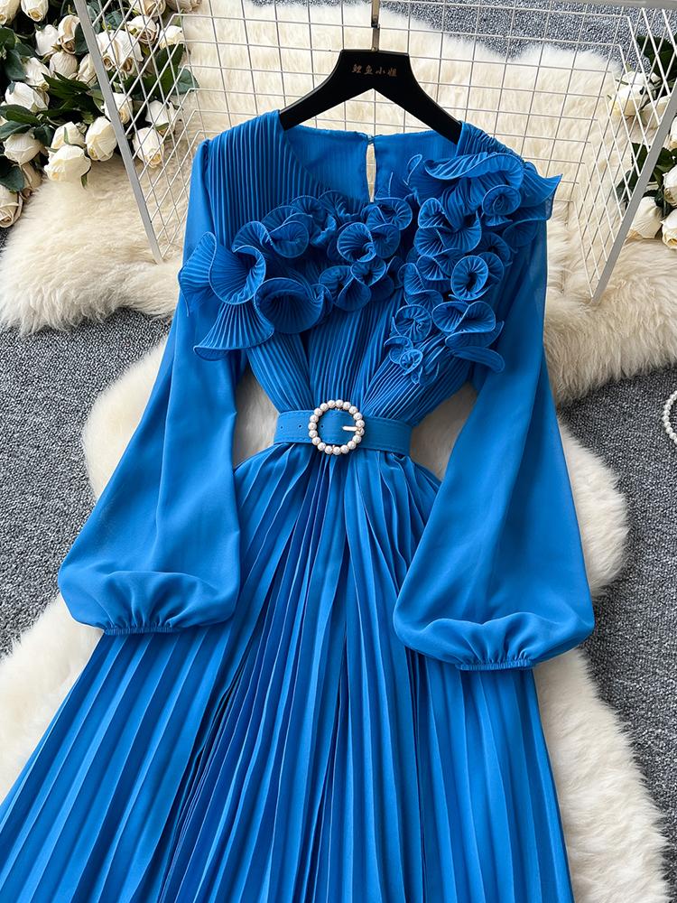 Vestido Elegante de Moda Primavera Outono para Mulheres Novo Francês Borda Cogumelo Crimpado Solto Chiffon Manga Longa Vestido Longo