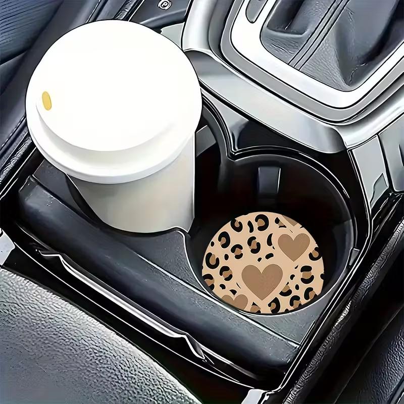 2PCS Car Cup Mat Leopard Pattern Love Pattern Car Anti Slip Cup Mat Creative Car Storage Mat Universal Shock Resistant