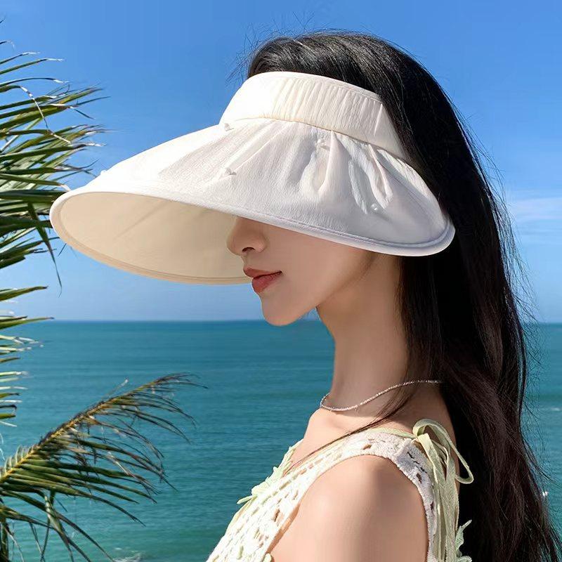Women s Summer Foldable Pearl Wide-Brim Open-Top Sun Protection Hat, Outdoor Travel UV Protection Bucket Hat 56-62(Foldable)