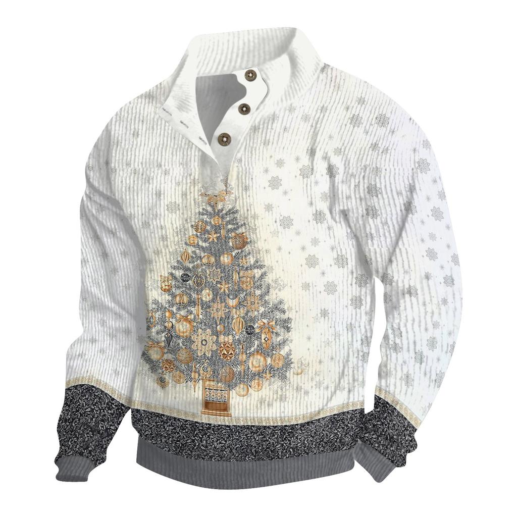 Men's Christmas Cotton Pullover Long Sleeve Outdoor Shirt Vintage Corduroy Button Stand Collar Shirt Casual Sweatshirt Christmas Print Top