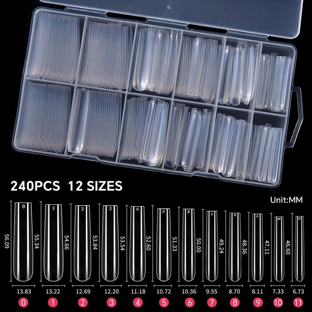 240PCS/Box False Nail Tips Square Straight Extra Long Half Cover Nails Clear/Natural Acrylic Fake Nails Extension Manicure Salon