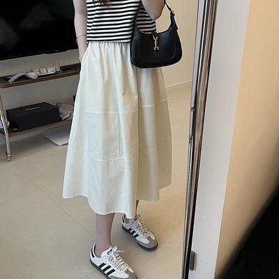 Cream A-line Midi Skirt: Spring/Summer, Chinese Style, Elastic High Waist