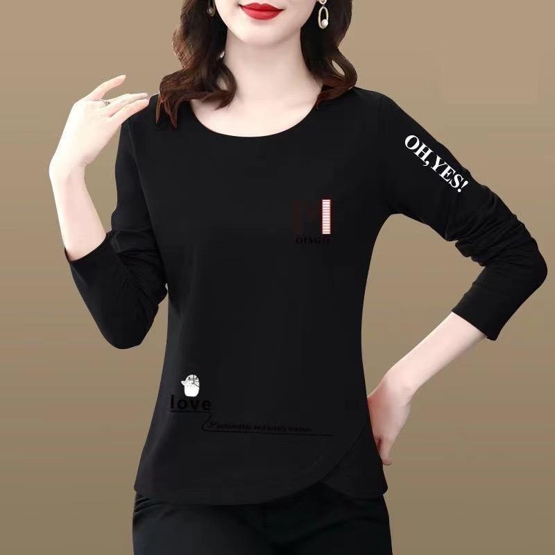 Women Clothing Autumn Funny Cartoon Letter Print Long Sleeve All Match T-shirts Y2K Korean Casual O Neck Loose Basic Tops