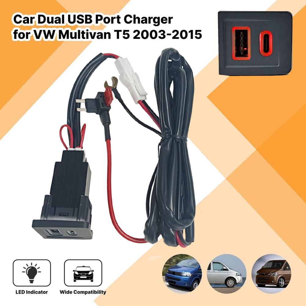 Quick Charging Auto Phone Adapter Dual USB Car Charger Socket PD+QC3.0 Fast Charger Socket Outlet for VW Multivan T5 2003-2015