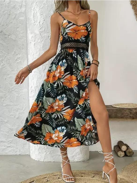European and American new summer fashion trend casual high-quality V-neck printing vacation suspender dress dress