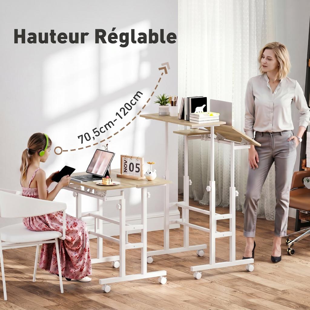 Sit-Stand Desk, Height Adjustable, 70 x 60 cm, Casters, Tilting Top, Brown Metal Frame