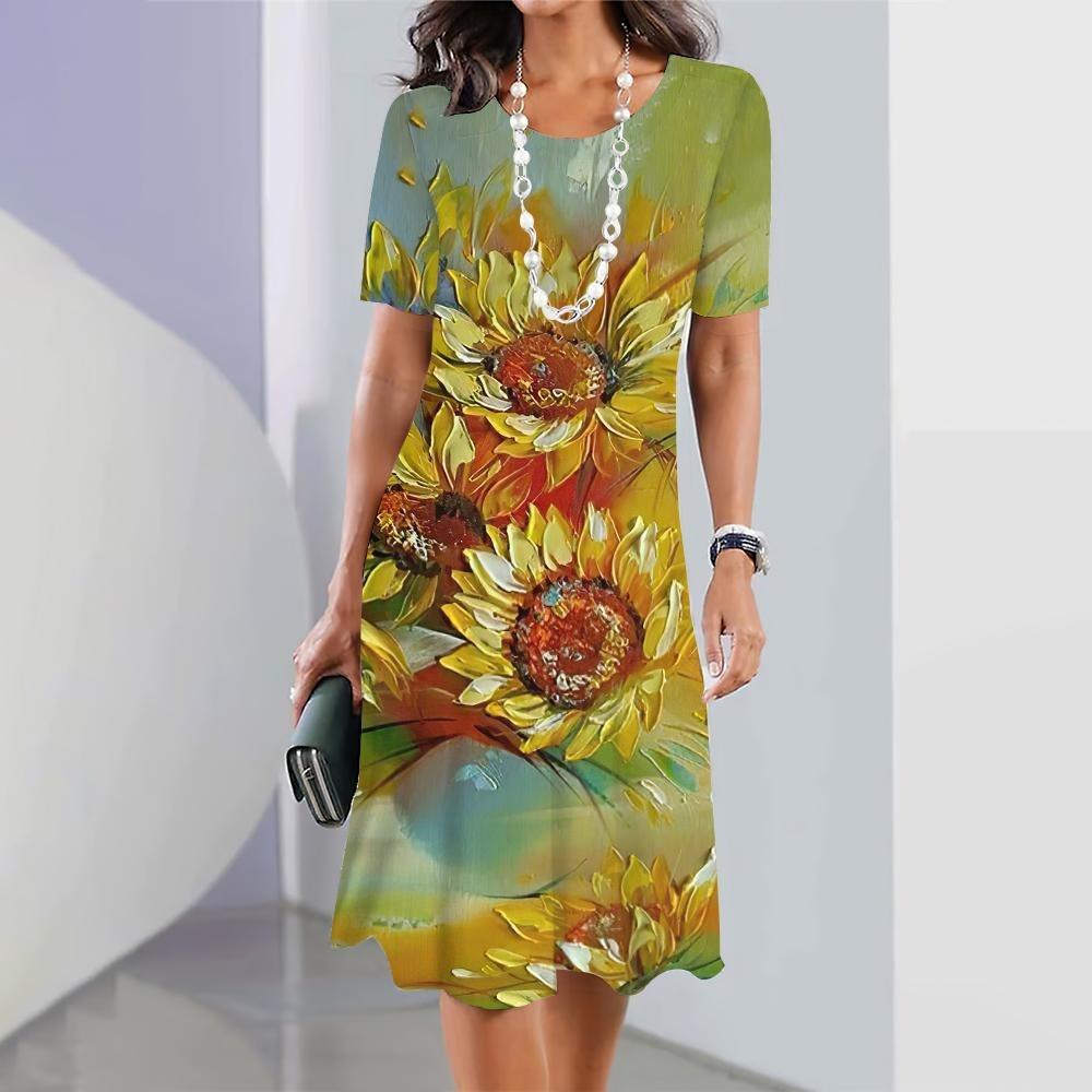 2026 Summer New Fashion Floral Print Short-sleeved Dress Women's Elegant Casual Dress