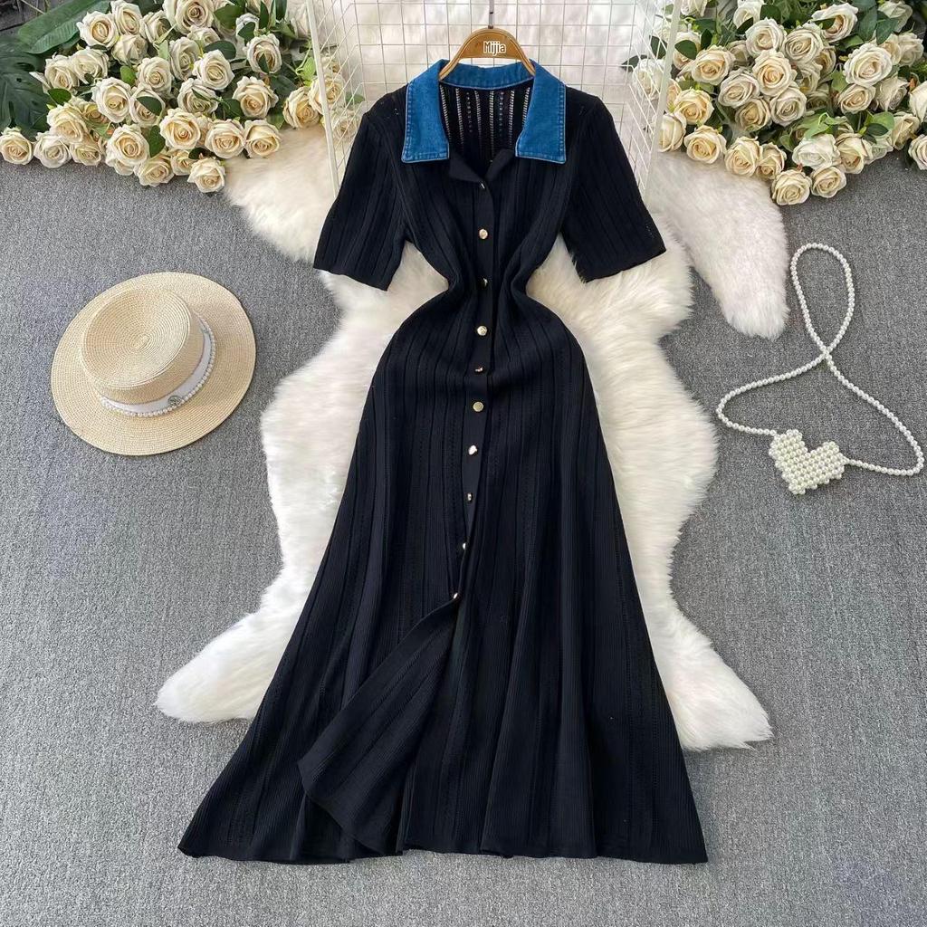 In Stock: S Brand 026 Summer French Women's Short Sleeve Elegant Knit Long Dress