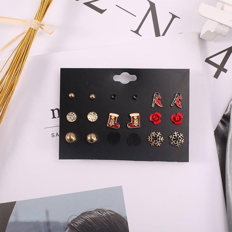 Christmas stud earrings combination new cartoon holiday alloy dripping elk old man bell earrings set