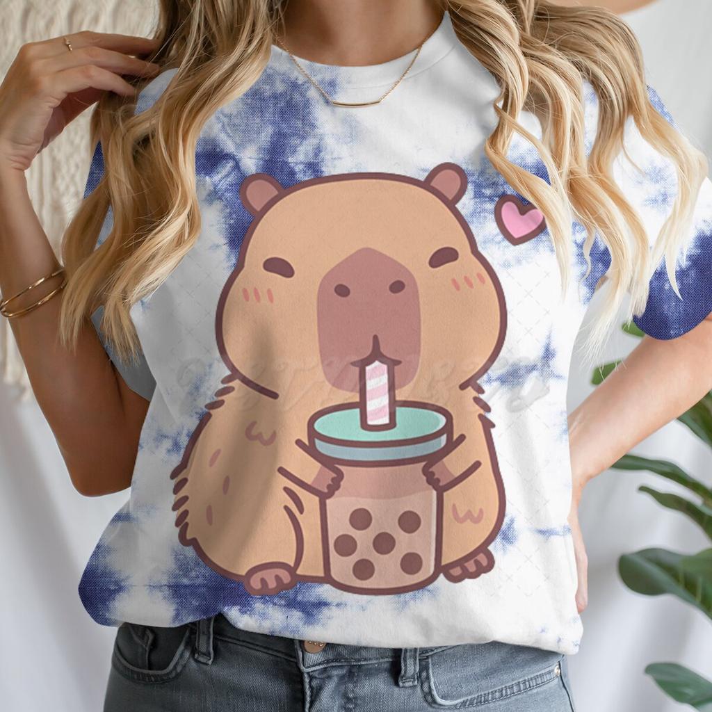 Tie Dye Animal Graphic Lover Gift Shirt Tee Capybara Kawaii Cartoon T-shirts Crew Neck Casual Summer Drink Tops