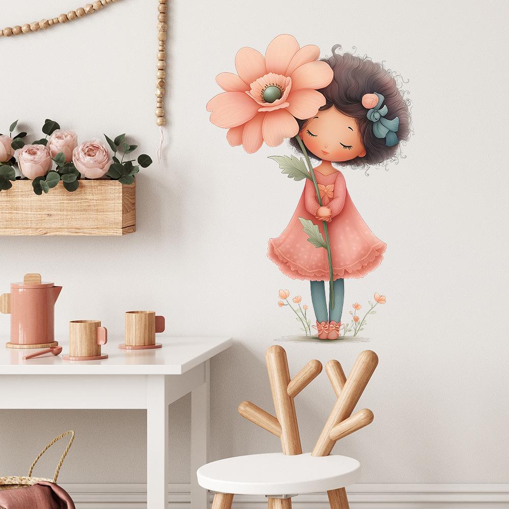 Self-adhesive Wall Stickers Cartoon Girl with Flowers for Kids Room Bedroom Living Room Home Decor