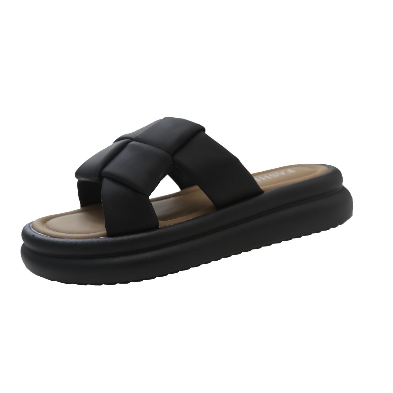 

2025 лето новая корейская версия толстой подошвы повседневные плетеные односложные классные тапочки квадратные подошвы мягкие пляжные сандалии женские 40 чёрный