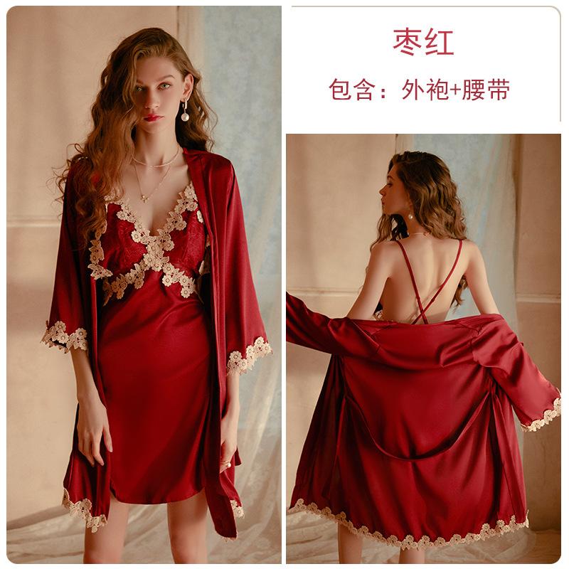 Women's Satin Lace Cami Sleep Dress with Cardigan Long Sleeve Robe Bathrobe Lounge Set