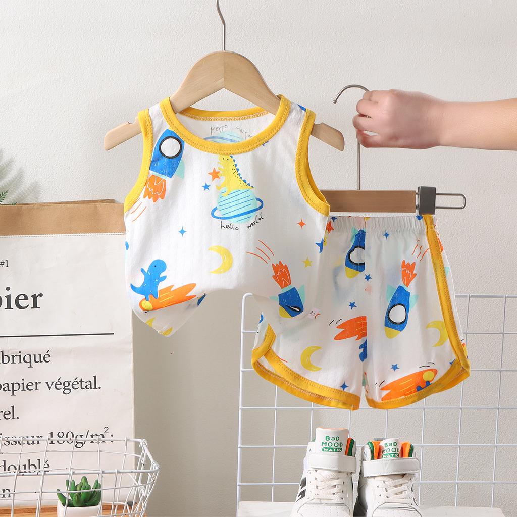 Kinder Ärmelloses Set Sommer Baumwolle Mädchen Shorts Schlafanzug Koreanischer Stil Jungen Tanktop Outfit Kinder Bekleidungsset