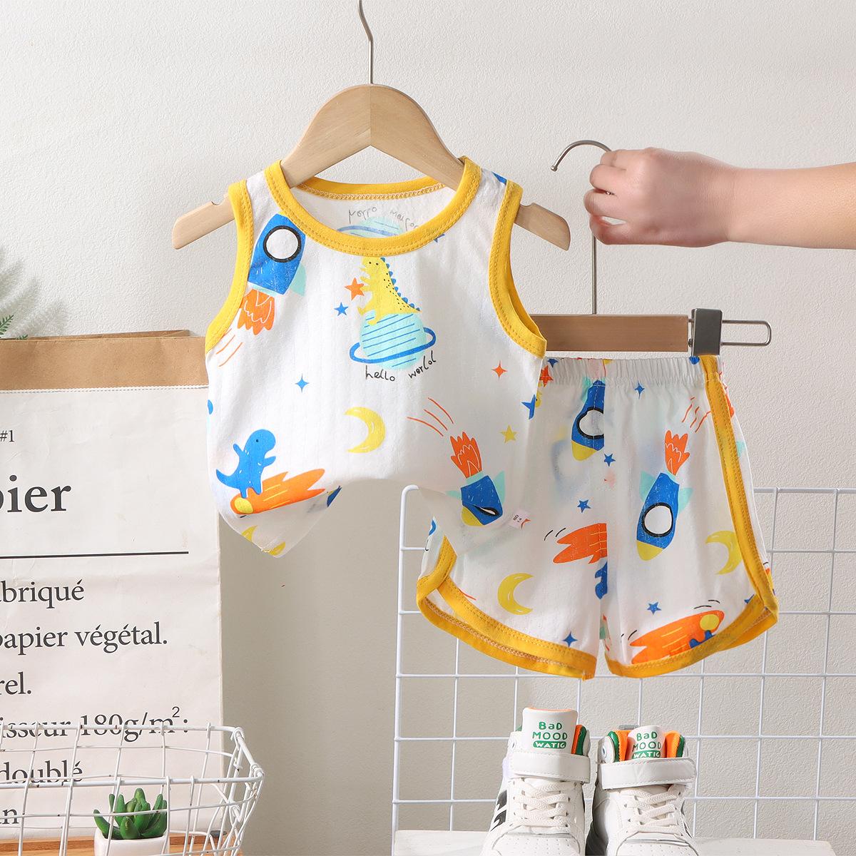 

Детский летний хлопковый комплект без рукавов, шорты, пижама, корейский стиль, майка для мальчиков, комплект одежды, детский набор одежды 120cm